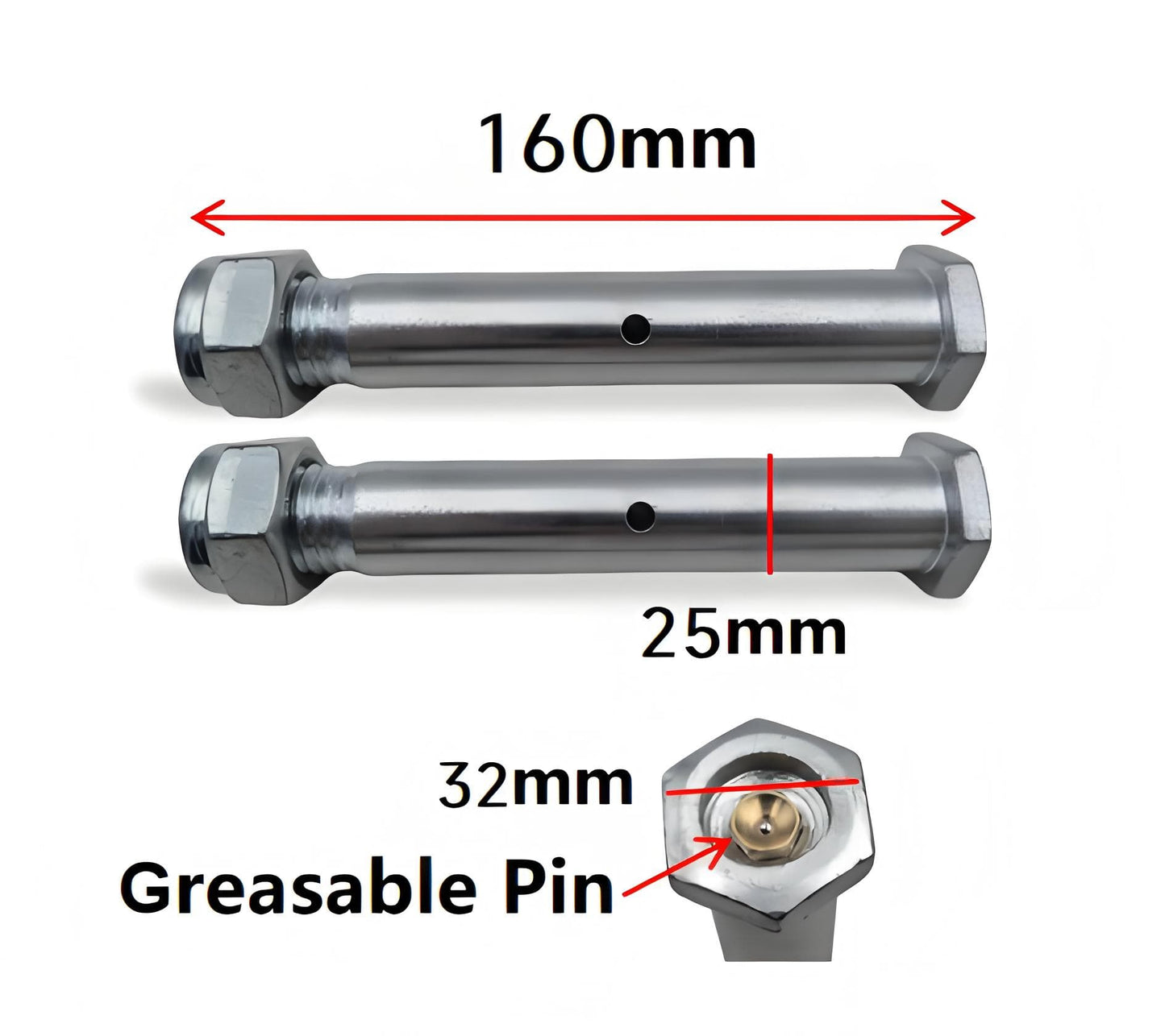 Mini Digger Bucket Pins 25mm 32mm Hex Head Greasable (Set of 2)